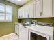 Bright laundry room with washer, dryer, cabinets, and sink at 681 San Joaquin Rd, Poinciana, FL 34759