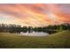 Scenic pond view with lush green grass and sunset sky at 2937 Hooded Crane Cv, Harmony, FL 34773