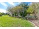 Landscaped backyard with lush lawn, mature trees, and lake view at 521 Milano Rd, Kissimmee, FL 34759