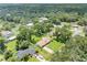 Aerial view showcasing a house with a large backyard and neighboring properties in a tranquil, wooded area at 4314 Ridge Rd, Lakeland, FL 33811