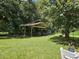 Spacious backyard with covered shed, lush green lawn, and mature trees at 4810 N Galloway Rd, Lakeland, FL 33810