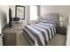 Guest bedroom with a striped comforter and a desk at 4552 Sequel Rd, Kissimmee, FL 34746
