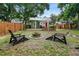 Large backyard with firepit, deck, and wooden chairs at 112 S Chandler Ave, Deland, FL 32724