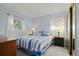 Bedroom featuring a blue and white striped comforter and built-in mirrored closet at 1639 Templewood Ave, Deltona, FL 32725