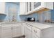 White cabinets, granite countertops and built-in microwave in this galley kitchen at 633 S Palmetto Ave # 1010, Daytona Beach, FL 32114