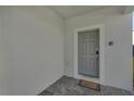Modern front door with gray door and gray welcome mat at 2201 Lelani Cir, Davenport, FL 33897
