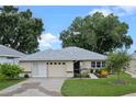 Front view of a single story house with a two-car garage at 21529 Prince Albert Ct, Leesburg, FL 34748