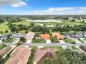Aerial view of community homes near a lake at 5430 Sir Churchill Dr, Leesburg, FL 34748
