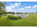 Serene community pond with lush landscaping and beautiful homes in background at 17462 Se 79Th Lovewood Ave, The Villages, FL 32162