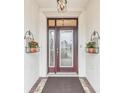 Inviting front entry with decorative door and planters at 1596 Birmingham Ter, The Villages, FL 32162