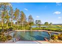 Inviting pool with dolphin statues and serene lake views at 17601 Sawgrass Run, Tavares, FL 32778