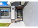 Modern front door with a glass panel and stone accents at 3927 Oak Pointe Dr, Lady Lake, FL 32159
