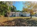 Light blue single-story home with solar panels on roof and trees in yard at 595 S Morningside Dr, Eustis, FL 32726