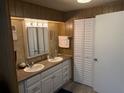 Double vanity bathroom with updated fixtures and linen closet at 975 Cr 461, Lake Panasoffkee, FL 33538