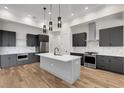 Modern kitchen with gray cabinets, white countertops, and stainless steel appliances at 5405 Delphi Hills Cir, Lakeland, FL 33812