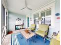 Relaxing screened porch with seating area, ceiling fan, and view of the yard at 452 Lime Ave, Daytona Beach, FL 32124