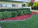 Well-manicured front yard with red mulch and lush hedges at 1012 S Riverside Dr, Edgewater, FL 32132