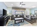 Spacious living room with two sofas, coffee table, and large TV at 2054 Rome Dr, Kissimmee, FL 34747