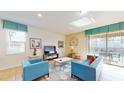 Living room with teal sofas, a TV, and access to the backyard at 1586 Lima Ave, Kissimmee, FL 34747