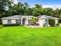 Single-story home with solar panels, lush lawn, and mature trees at 3769 Grove View Ln, Port Orange, FL 32129