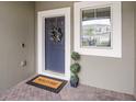 Front door entry to townhome with a welcome mat and potted plants at 2663 River Landing Dr, Sanford, FL 32771