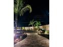 Landscaped backyard with a lighted pathway at night at 318 Stone Castle Loop, Lady Lake, FL 32159
