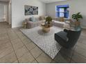 Living room with a large sectional sofa, patterned rug, and tiled floors at 6516 Viewpoint Ct, Orlando, FL 32810