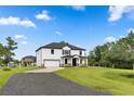 Two story home with white exterior, black accents, and stone at 18645 Seaview St, Orlando, FL 32833