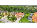 Aerial view of a house in a residential neighborhood with a pool and lush green surroundings at 290 Las Fuentes Dr, Kissimmee, FL 34746