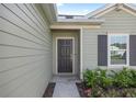 House entrance with dark brown door and light green siding at 7358 Sw 76Th Ter, Ocala, FL 34481