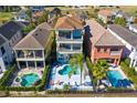 Aerial view of a luxury home with a private pool and spa, surrounded by other homes at 1169 Castle Pines Ct, Reunion, FL 34747