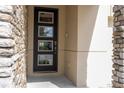 Modern front door with glass panels and stone surround at 9043 Sunshine Ridge Loop, Kissimmee, FL 34747