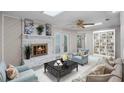 Cozy living room featuring a fireplace and built-in bookcase at 8613 Tarragon Drive, Orlando, FL 32825