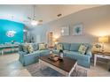 Relaxing living room featuring light blue sofas, a coffee table, and coastal-themed decor at 916 Reserve Pl, Davenport, FL 33896