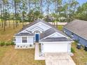 Gray house with white garage door and blue front door, landscaping, and driveway at 308 Halstead Dr, Davenport, FL 33897