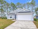 Gray house with white garage door and blue front door, landscaping, and driveway at 308 Halstead Dr, Davenport, FL 33897