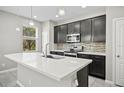 Modern kitchen with dark cabinetry, quartz countertops, and stainless steel appliances at 3207 Stratton Cir, Kissimmee, FL 34744