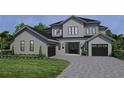 Two story home with gray siding, black roof and windows, and a paved driveway at 9136 Sheen Sound St, Orlando, FL 32836