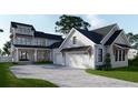 Modern farmhouse features gray and white exterior, black roof, and a spacious driveway at 1258 Ridge Lake Way, Oakland, FL 34787