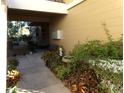 Building entry with walkway, bench, and lush landscaping at 110 Cypress Woods Ct # 5C, Deltona, FL 32725