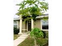 House entrance with a papaya tree and landscaped garden at 3 Hemlock Circle Trak, Ocala, FL 34472