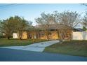 Tan single-story house with driveway and mature landscaping at 147 Juniper Run, Ocala, FL 34480