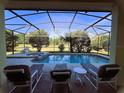 Screened pool and spa with lounge chairs, overlooking a green landscape at 1821 Morning Star Dr, Clermont, FL 34714