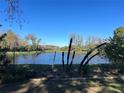 Landscaped backyard with a pond and a chain link fence at 1493 Park Dr, Casselberry, FL 32707