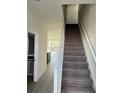 Carpeted staircase with white railing leading to the second floor at 1396 Peaceful Nature Way # 1396, Clermont, FL 34714