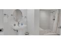 Modern bathroom with pedestal sink, shower, and tiled walls at 231 Riverside Dr # 709, Daytona Beach, FL 32117