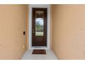 Dark brown front door with glass inserts and a welcome mat at 537 Champion Ridge Dr, Daytona Beach, FL 32124