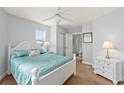 Bright bedroom featuring a white bed frame, teal bedding, and a private bathroom at 3311 S Atlantic Ave # 304, Daytona Beach Shores, FL 32118