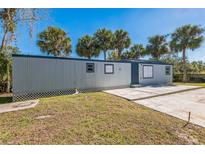 Mobile home exterior with grey siding, palm trees, and a paved driveway at 18925 3Rd Ave, Orlando, FL 32820