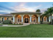 House exterior showcasing columns, arched entryway, and manicured lawn at 6218 Cranberry Dr, Port Orange, FL 32127